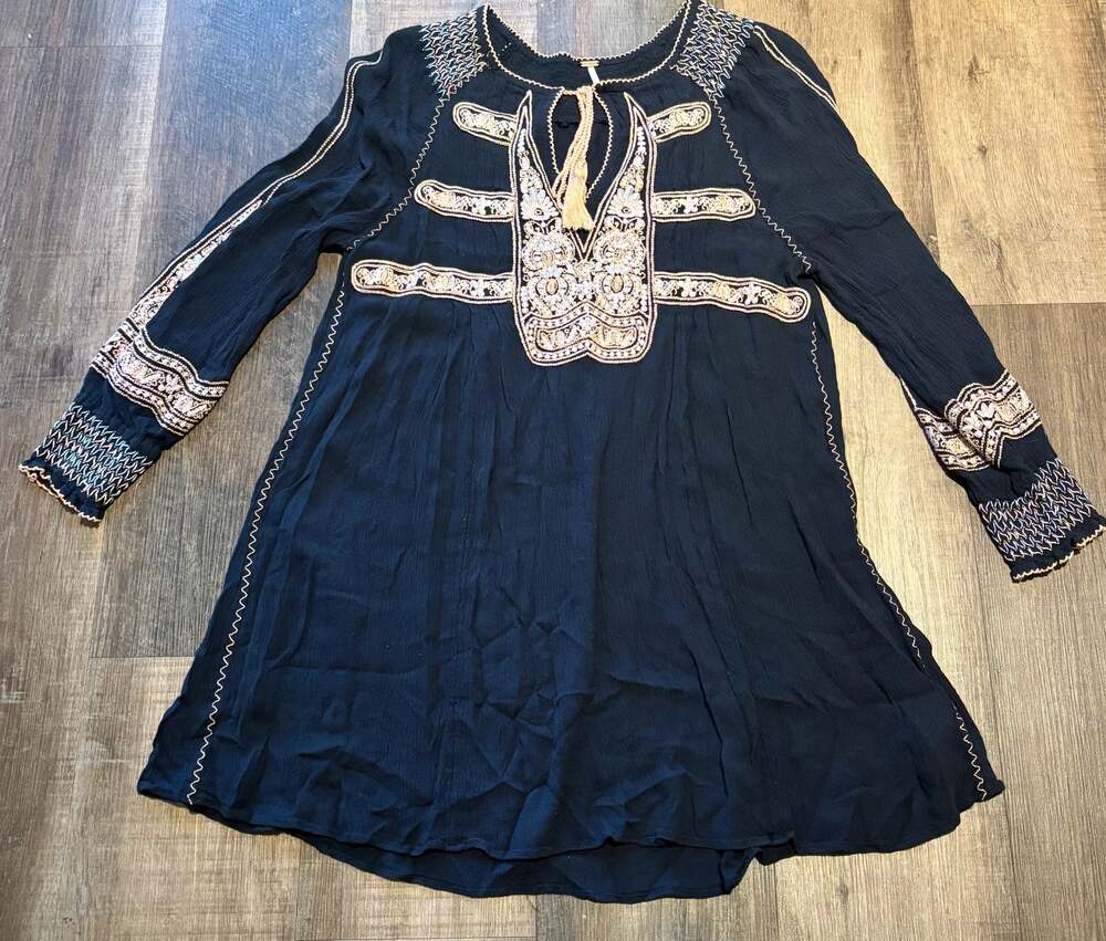 Free People Wind Willow Embroidery Dress Black Mini Flowy Gypsy Summer Tunic - Picture 2 of 5